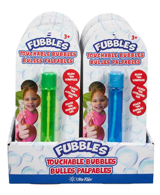 PDQ display featuring Fubbles Touchable Bubbles in blister card packaging—fun, touchable bubble solution that you can catch and stack!